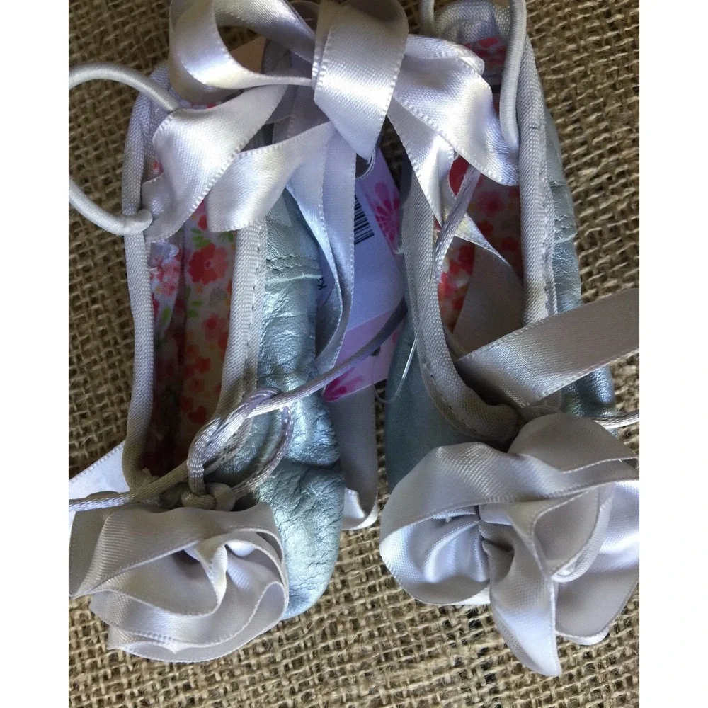 Kamara Toddler Girls Size 10 Gray Silver Leather Ballet Slippers Satin Ribbon